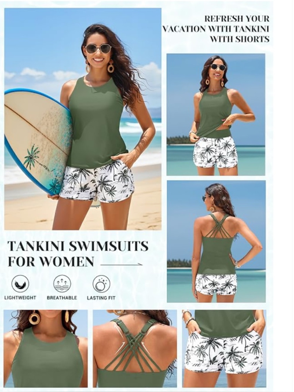 Olive Green Tankini Top with Palm-Print Swim Shorts - Women